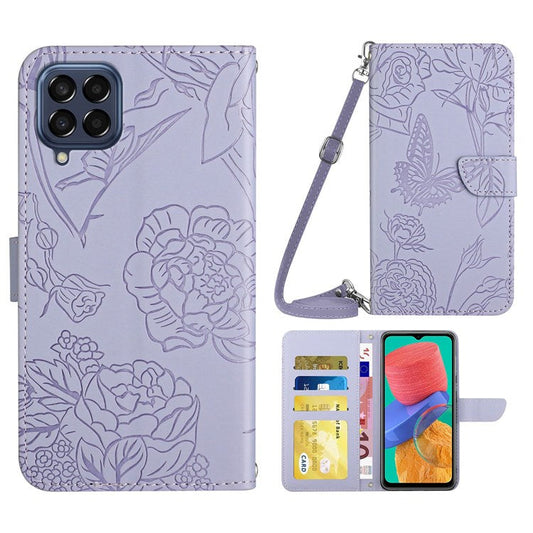 For Samsung Galaxy M33 5G (Global Version) Imprinting Butterfly Flowers Case PU Leather Wallet Stand Phone Cover with Shoulder Strap - Light Purple