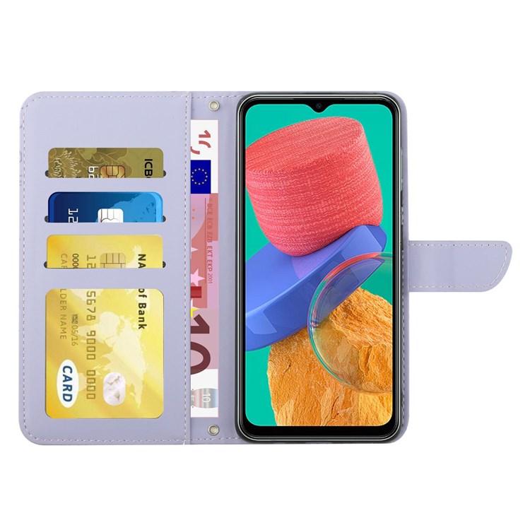 For Samsung Galaxy M33 5G (Global Version) Imprinting Butterfly Flowers Case PU Leather Wallet Stand Phone Cover with Shoulder Strap - Light Purple