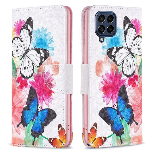 For Samsung Galaxy M53 5G Phone Case Pattern Printing PU Leather Wallet Stand Cover - Two Butterflies