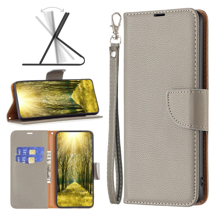 For Samsung Galaxy M33 5G (Global) Wallet Case Litchi Texture Flip Leather Mobile Cover Stand with Strap - Grey