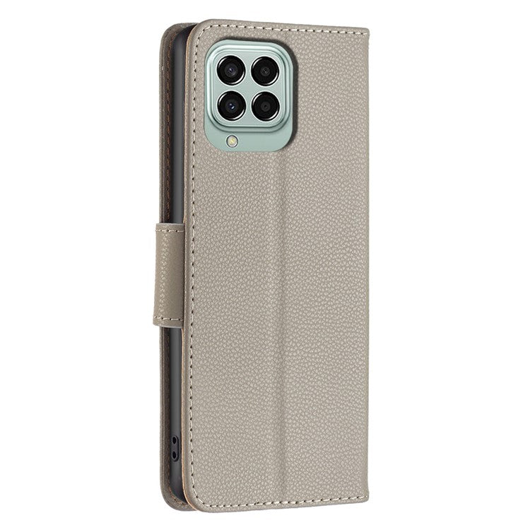 For Samsung Galaxy M33 5G (Global) Wallet Case Litchi Texture Flip Leather Mobile Cover Stand with Strap - Grey