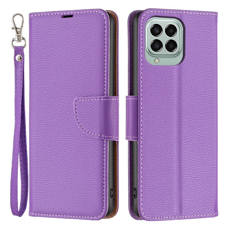 For Samsung Galaxy M33 5G (Global) Wallet Case Litchi Texture Flip Leather Mobile Cover Stand with Strap - Purple