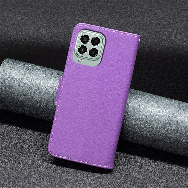 For Samsung Galaxy M33 5G (Global) Wallet Case Litchi Texture Flip Leather Mobile Cover Stand with Strap - Purple