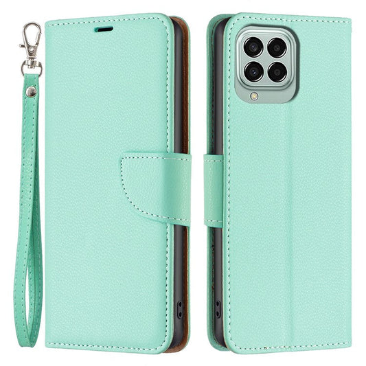 For Samsung Galaxy M33 5G (Global) Wallet Case Litchi Texture Flip Leather Mobile Cover Stand with Strap - Green