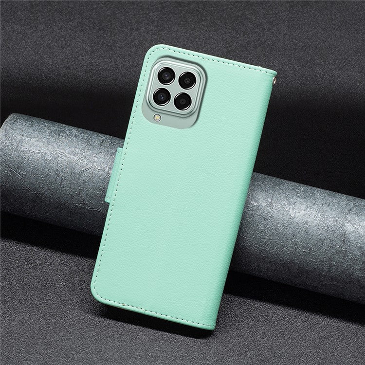 For Samsung Galaxy M33 5G (Global) Wallet Case Litchi Texture Flip Leather Mobile Cover Stand with Strap - Green