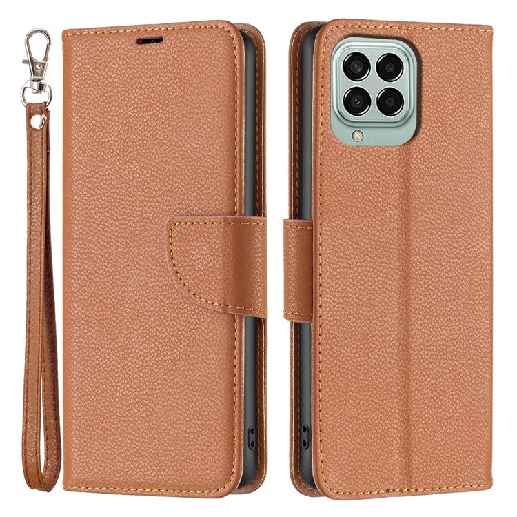 For Samsung Galaxy M33 5G (Global) Wallet Case Litchi Texture Flip Leather Mobile Cover Stand with Strap - Brown