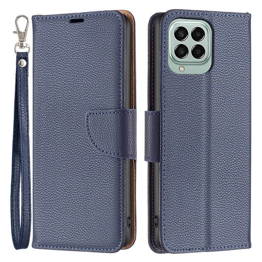 For Samsung Galaxy M33 5G (Global) Wallet Case Litchi Texture Flip Leather Mobile Cover Stand with Strap - Dark Blue