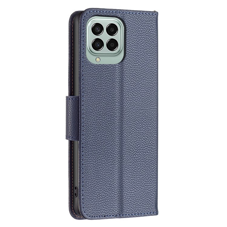 For Samsung Galaxy M33 5G (Global) Wallet Case Litchi Texture Flip Leather Mobile Cover Stand with Strap - Dark Blue