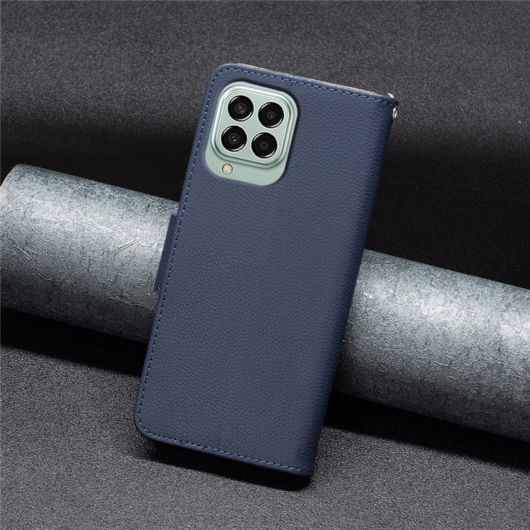 For Samsung Galaxy M33 5G (Global) Wallet Case Litchi Texture Flip Leather Mobile Cover Stand with Strap - Dark Blue