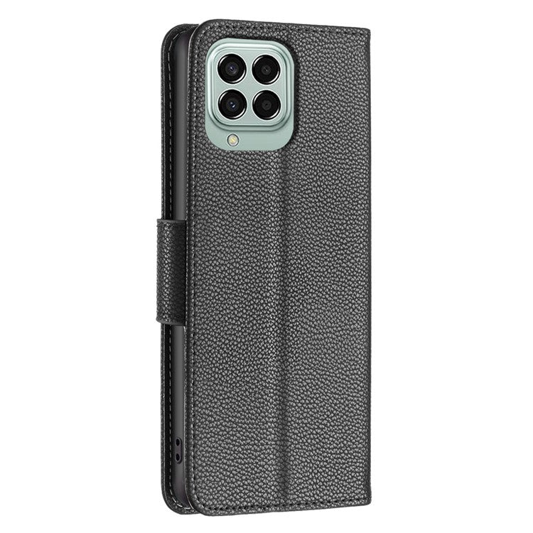 For Samsung Galaxy M33 5G (Global) Wallet Case Litchi Texture Flip Leather Mobile Cover Stand with Strap - Black
