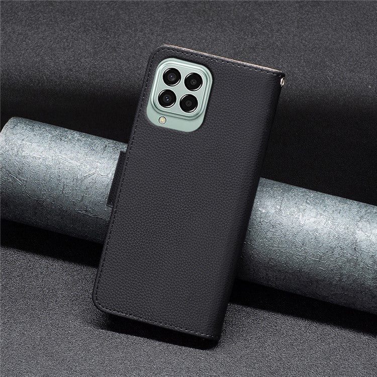 For Samsung Galaxy M33 5G (Global) Wallet Case Litchi Texture Flip Leather Mobile Cover Stand with Strap - Black