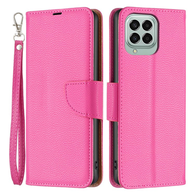 For Samsung Galaxy M33 5G (Global) Wallet Case Litchi Texture Flip Leather Mobile Cover Stand with Strap - Rose