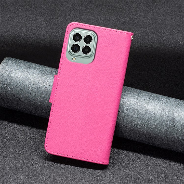 For Samsung Galaxy M33 5G (Global) Wallet Case Litchi Texture Flip Leather Mobile Cover Stand with Strap - Rose