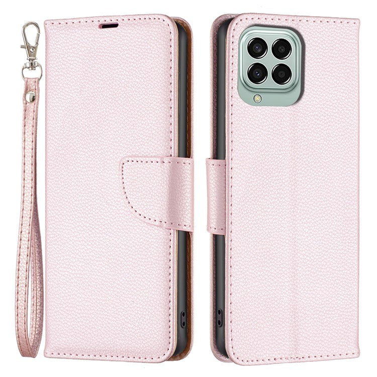 For Samsung Galaxy M33 5G (Global) Wallet Case Litchi Texture Flip Leather Mobile Cover Stand with Strap - Rose Gold