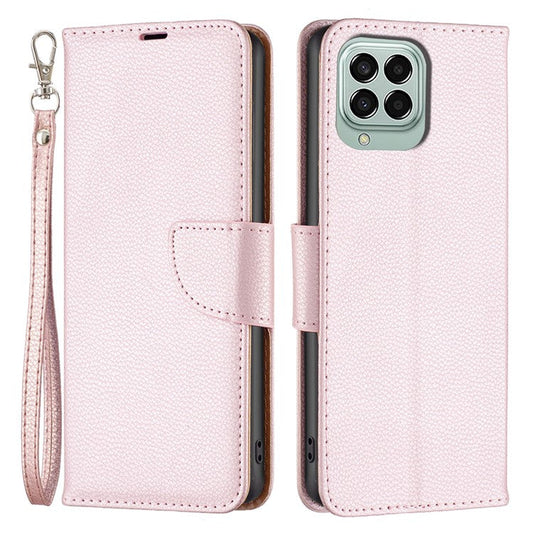 For Samsung Galaxy M33 5G (Global) Wallet Case Litchi Texture Flip Leather Mobile Cover Stand with Strap - Rose Gold