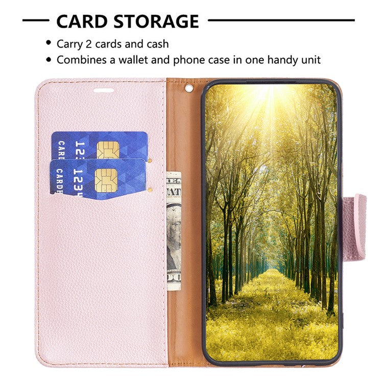 For Samsung Galaxy M33 5G (Global) Wallet Case Litchi Texture Flip Leather Mobile Cover Stand with Strap - Rose Gold