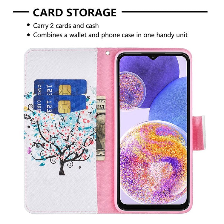 For Samsung Galaxy M33 5G (Global Version) Phone Case Pattern Printing PU Leather Wallet Stand Cover - Flower Tree
