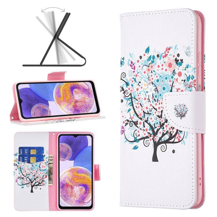 For Samsung Galaxy M33 5G (Global Version) Phone Case Pattern Printing PU Leather Wallet Stand Cover - Flower Tree