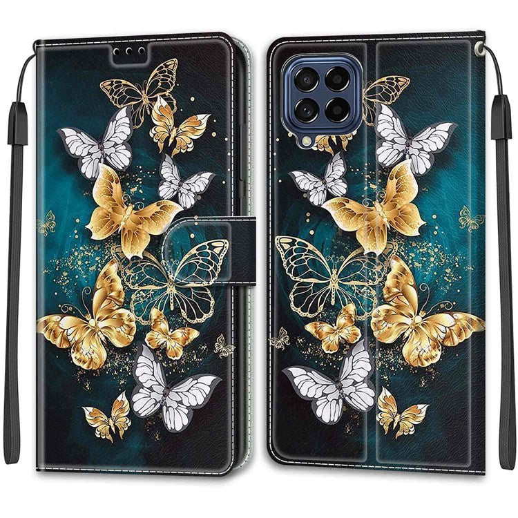 Pattern Printing Design PU Leather Phone Case for Samsung Galaxy M53 5G, Full-Wrapped Full Protection Leather Case Cover - C20 Gold and Silver Flying Butterflies