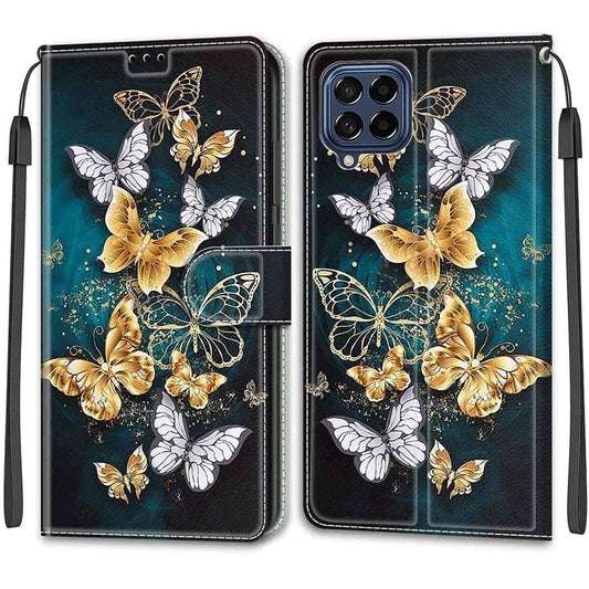Pattern Printing Design PU Leather Phone Case for Samsung Galaxy M53 5G, Full-Wrapped Full Protection Leather Case Cover - C20 Gold and Silver Flying Butterflies