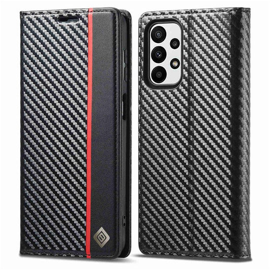 LC.IMEEKE for Samsung Galaxy A23 5G (Global Version) Wallet Style Carbon Fiber Texture Anti-scratch Anti-drop Leather Case Magnetic Auto-absorbed Stand Phone Shell - Vertical Stripe
