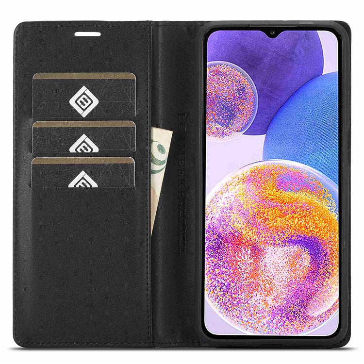 LC.IMEEKE for Samsung Galaxy A23 5G (Global Version) Wallet Style Carbon Fiber Texture Anti-scratch Anti-drop Leather Case Magnetic Auto-absorbed Stand Phone Shell - Vertical Stripe