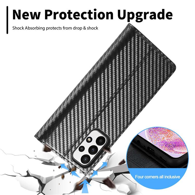 LC.IMEEKE for Samsung Galaxy A23 5G (Global Version) Wallet Style Carbon Fiber Texture Anti-scratch Anti-drop Leather Case Magnetic Auto-absorbed Stand Phone Shell - Vertical Stripe