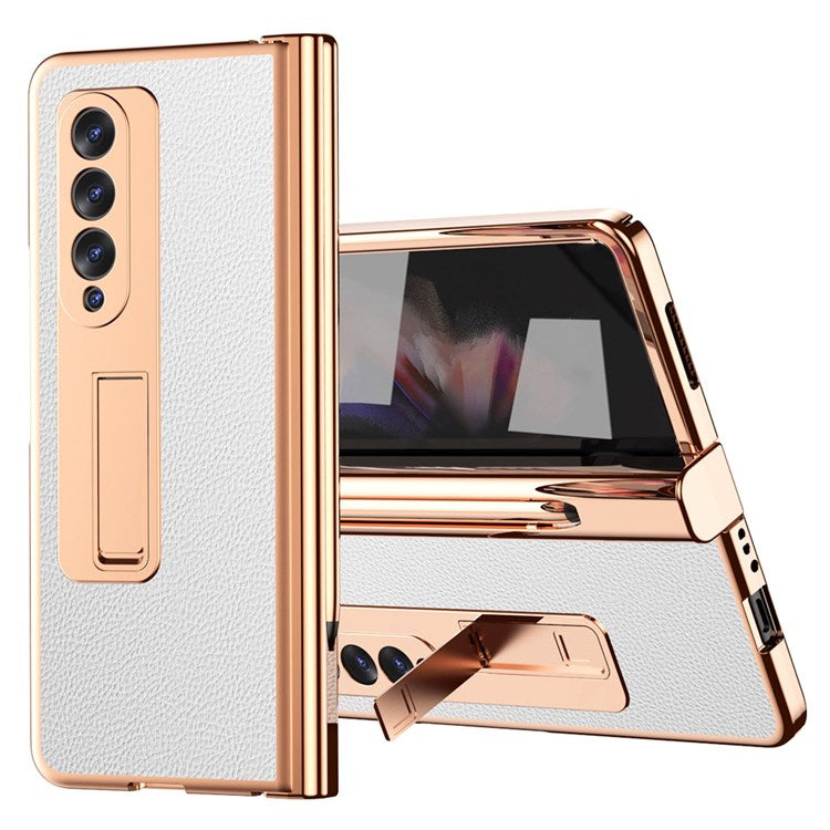 For Samsung Galaxy Z Fold3 5G Hinge Protection PU Leather + Hard PC Shell Full-Body Electroplating Kickstand Cover with Bulit-in Tempered Glass Screen Protector and S Pen - White