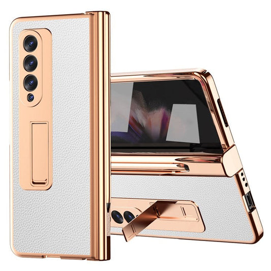 For Samsung Galaxy Z Fold3 5G Hinge Protection PU Leather + Hard PC Shell Full-Body Electroplating Kickstand Cover with Bulit-in Tempered Glass Screen Protector and S Pen - White