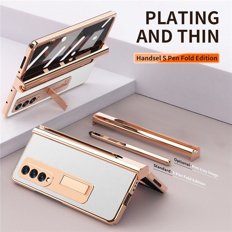 For Samsung Galaxy Z Fold3 5G Hinge Protection PU Leather + Hard PC Shell Full-Body Electroplating Kickstand Cover with Bulit-in Tempered Glass Screen Protector and S Pen - White