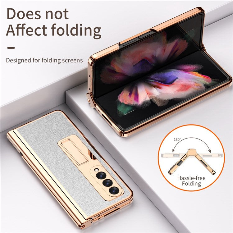 For Samsung Galaxy Z Fold3 5G Hinge Protection PU Leather + Hard PC Shell Full-Body Electroplating Kickstand Cover with Bulit-in Tempered Glass Screen Protector and S Pen - White