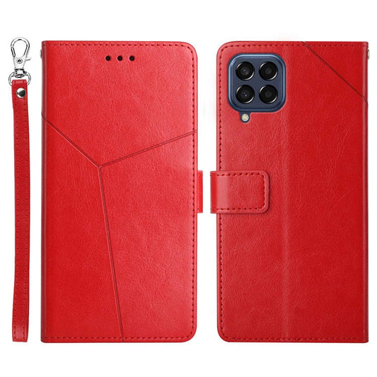 HT01 For Samsung Galaxy M33 5G (Global Version) Y-Shaped Lines Imprinting Wallet Stand Phone Cover PU Leather Cellphone Shell - Red