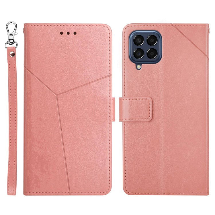 HT01 For Samsung Galaxy M33 5G (Global Version) Y-Shaped Lines Imprinting Wallet Stand Phone Cover PU Leather Cellphone Shell - Pink