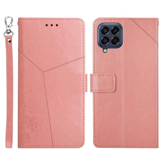 HT01 For Samsung Galaxy M33 5G (Global Version) Y-Shaped Lines Imprinting Wallet Stand Phone Cover PU Leather Cellphone Shell - Pink