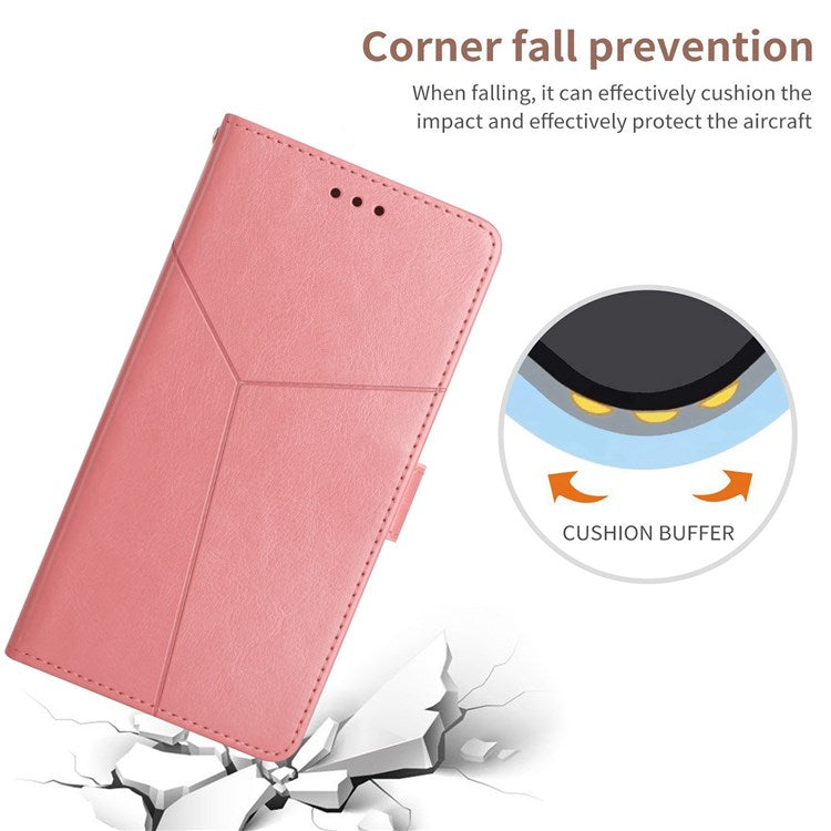HT01 For Samsung Galaxy M33 5G (Global Version) Y-Shaped Lines Imprinting Wallet Stand Phone Cover PU Leather Cellphone Shell - Pink