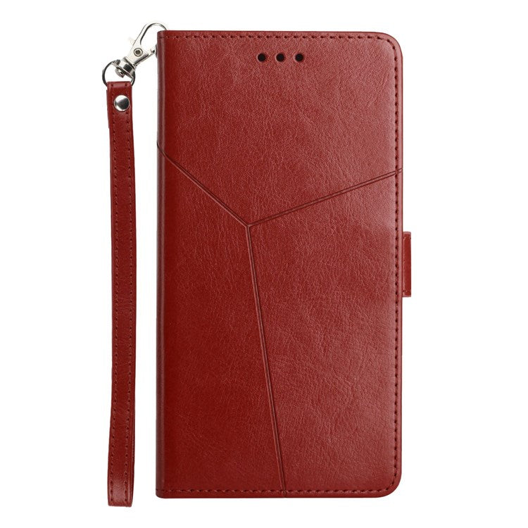 HT01 For Samsung Galaxy M33 5G (Global Version) Y-Shaped Lines Imprinting Wallet Stand Phone Cover PU Leather Cellphone Shell - Brown