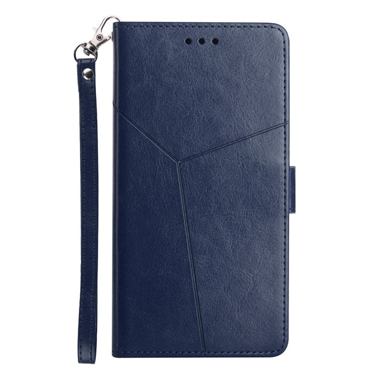HT01 For Samsung Galaxy M33 5G (Global Version) Y-Shaped Lines Imprinting Wallet Stand Phone Cover PU Leather Cellphone Shell - Blue