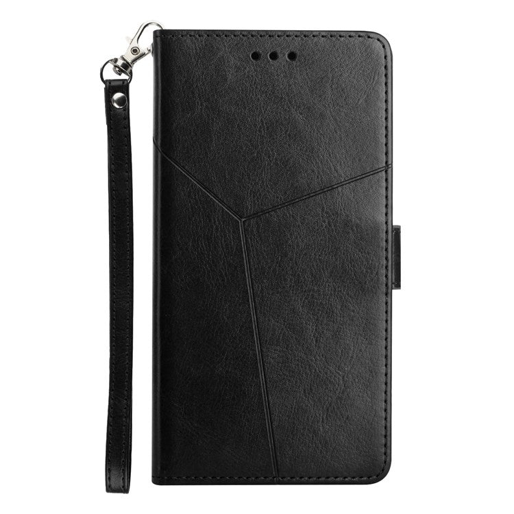 HT01 For Samsung Galaxy M53 5G PU Leather Phone Shell Bump Proof Y-Shaped Lines Imprinting Wallet Stand Phone Cover - Black