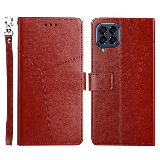 HT01 For Samsung Galaxy M53 5G PU Leather Phone Shell Bump Proof Y-Shaped Lines Imprinting Wallet Stand Phone Cover - Brown