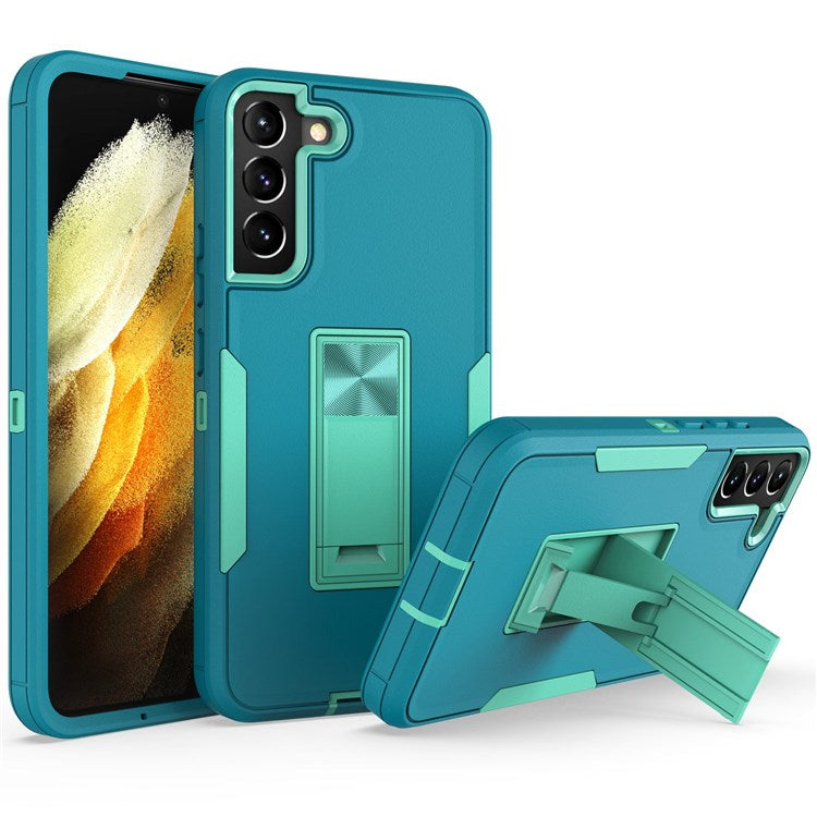 For Samsung Galaxy S22+ 5G Hard PC + Soft TPU Hybrid Phone Cover with Integrated Kickstand Car Mount Metal Sheet Case - Lake Blue/Blue-green