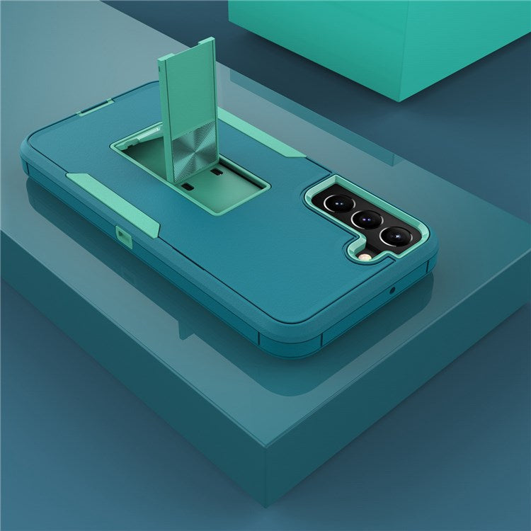 For Samsung Galaxy S22+ 5G Hard PC + Soft TPU Hybrid Phone Cover with Integrated Kickstand Car Mount Metal Sheet Case - Lake Blue/Blue-green