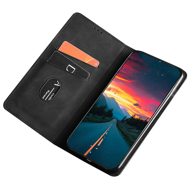 For Samsung Galaxy M33 5G (Global Version) Phone Stand Shell, Card Holder Design Skin-touch Feeling Leather Case - Black