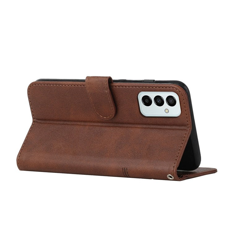 For Samsung Galaxy M23 5G/F23 5G PU Leather TPU Interior Case Stand Feature Magnetic Folio Book Folding Stitching Cover with Strap - Brown