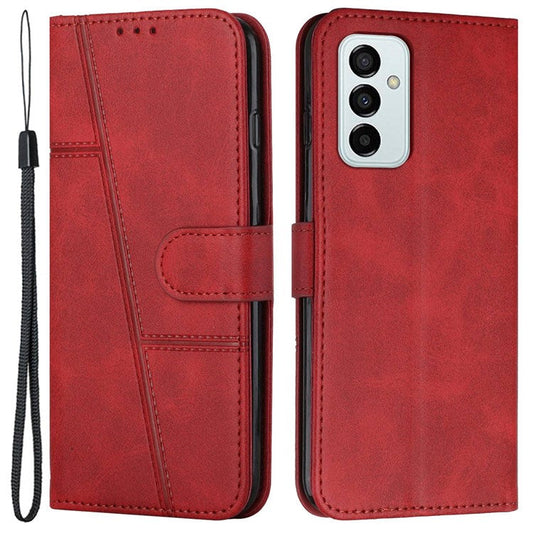 For Samsung Galaxy M23 5G/F23 5G PU Leather TPU Interior Case Stand Feature Magnetic Folio Book Folding Stitching Cover with Strap - Red