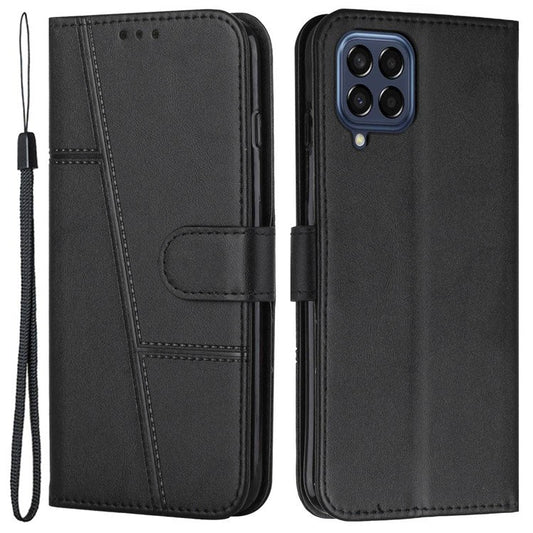 For Samsung Galaxy M53 5G PU Leather Phone Case Shock Absorbing Wallet Stand Flip Stitching Cover with Strap - Black
