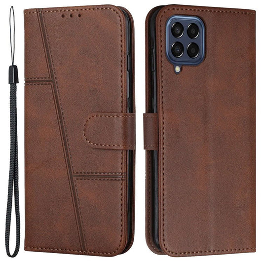 For Samsung Galaxy M53 5G PU Leather Phone Case Shock Absorbing Wallet Stand Flip Stitching Cover with Strap - Brown