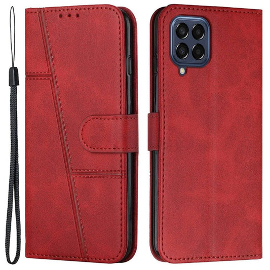 For Samsung Galaxy M53 5G PU Leather Phone Case Shock Absorbing Wallet Stand Flip Stitching Cover with Strap - Red