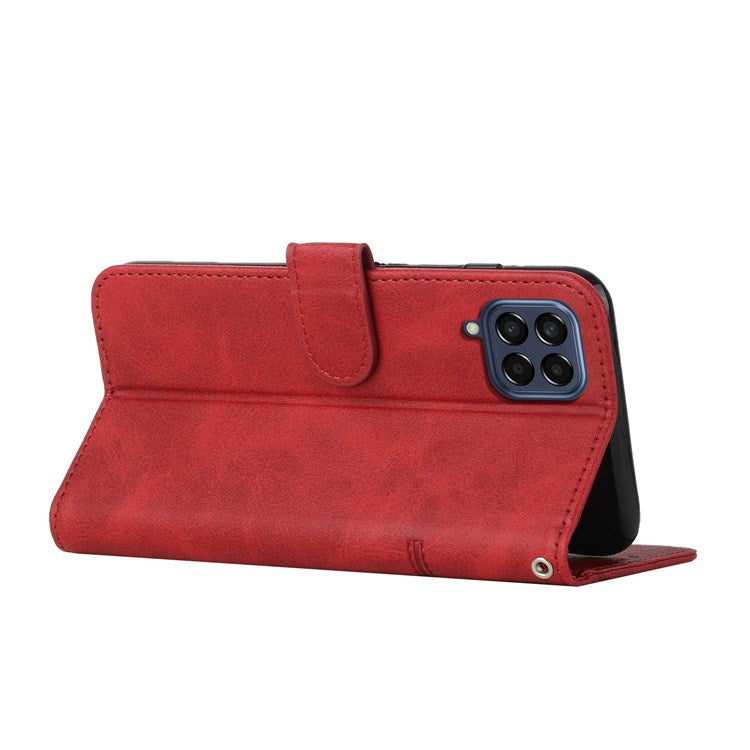 For Samsung Galaxy M53 5G PU Leather Phone Case Shock Absorbing Wallet Stand Flip Stitching Cover with Strap - Red