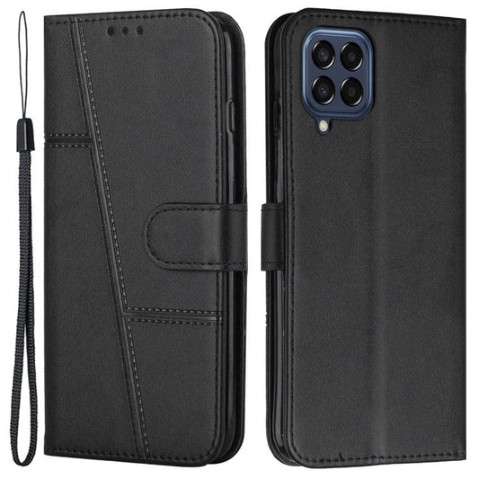 For Samsung Galaxy M33 5G (Global Version) PU Leather Stitching Cover Stand Magnetic Protect Shockproof Flip Case with Strap - Black
