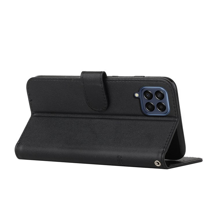 For Samsung Galaxy M33 5G (Global Version) PU Leather Stitching Cover Stand Magnetic Protect Shockproof Flip Case with Strap - Black